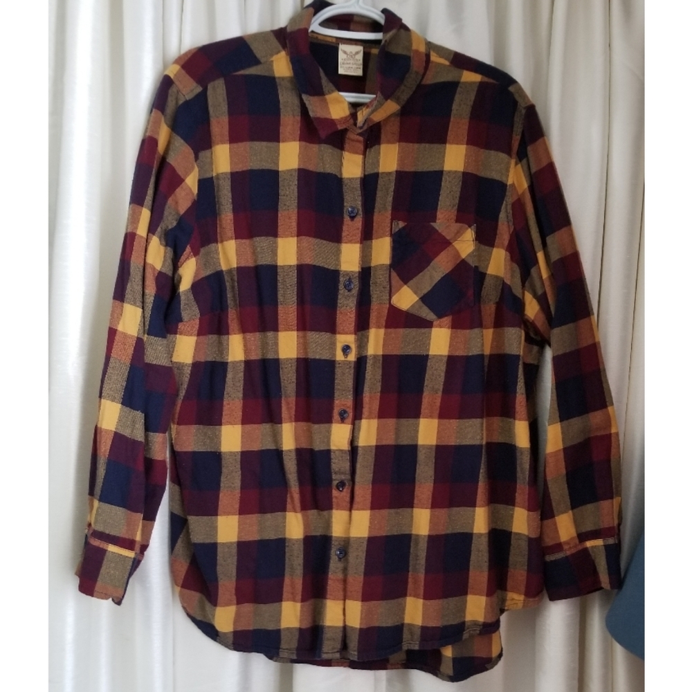 Yellow, Navy, and Maroon Flannel Button-up